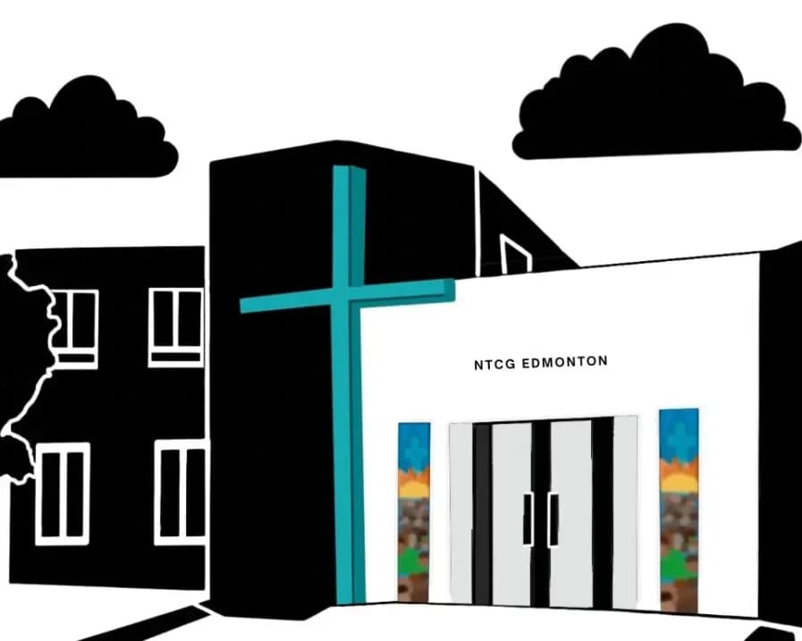 NTCG Edmonton church building illustration with cross and signage
