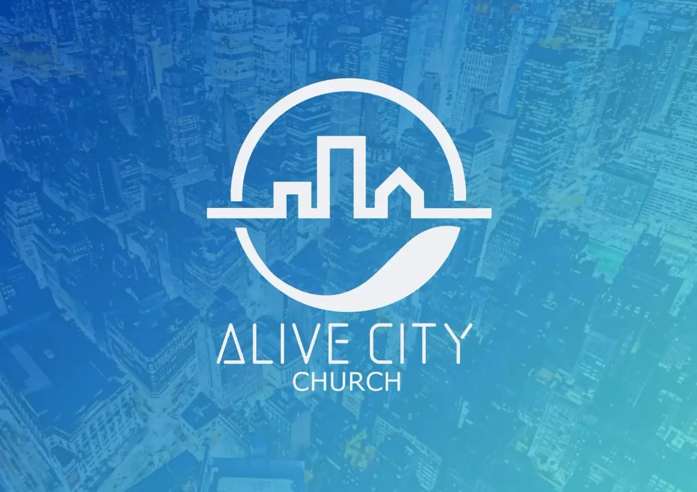 Alive City Church logo with city skyline emblem over a blue cityscape background
