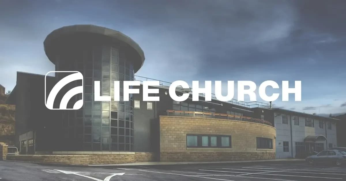 Exterior of LIFE Church Bradford building with the LIFE CHURCH logo overlaid