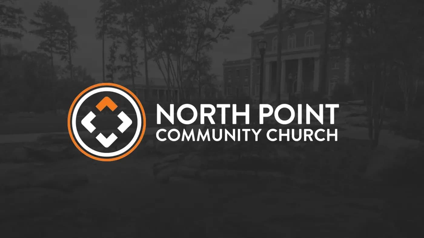 North Point Community Church logo overlaid on a building exterior with columns and trees