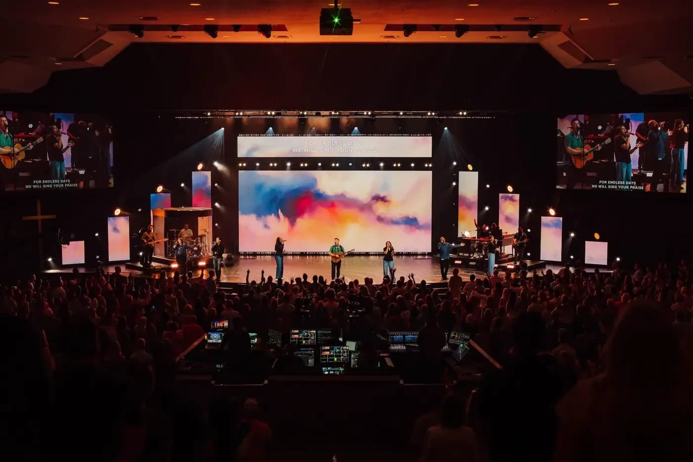 Christ Fellowship Church worship service with band on stage and full congregation