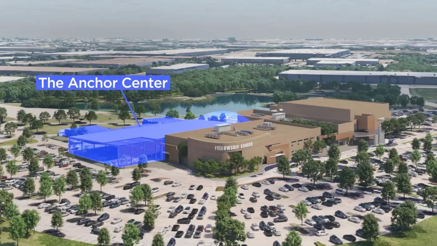 Aerial view of Fellowship Church building and campus with The Anchor Center addition